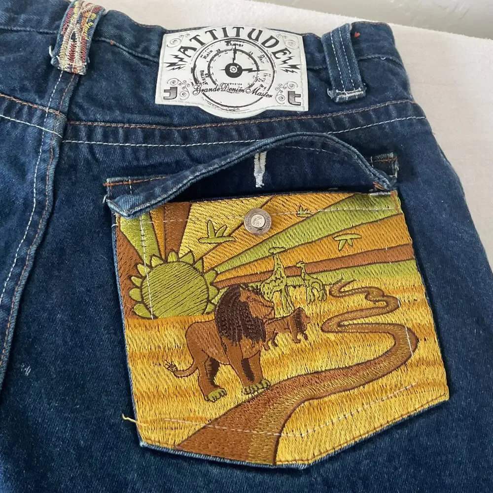 ATTITUDE  Vintage Wide Leg Baggy Jeans with Y2K Sahara Design 36X32 (24)